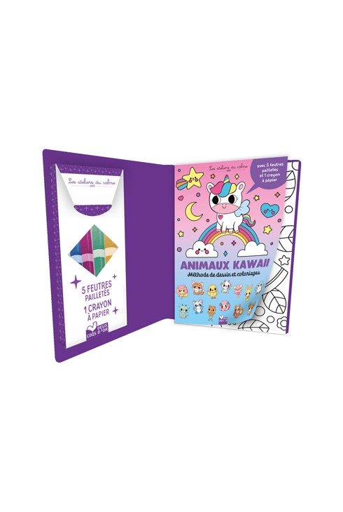 Livre Album Animaux Kawaii, méthode de dessin et coloriages, pochette 5 feutres pailletés et 1 crayon à papier 2