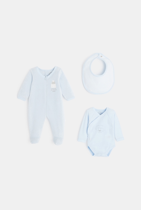 Ensemble 3 pièces bébé en velours bio bleu Absorba 1