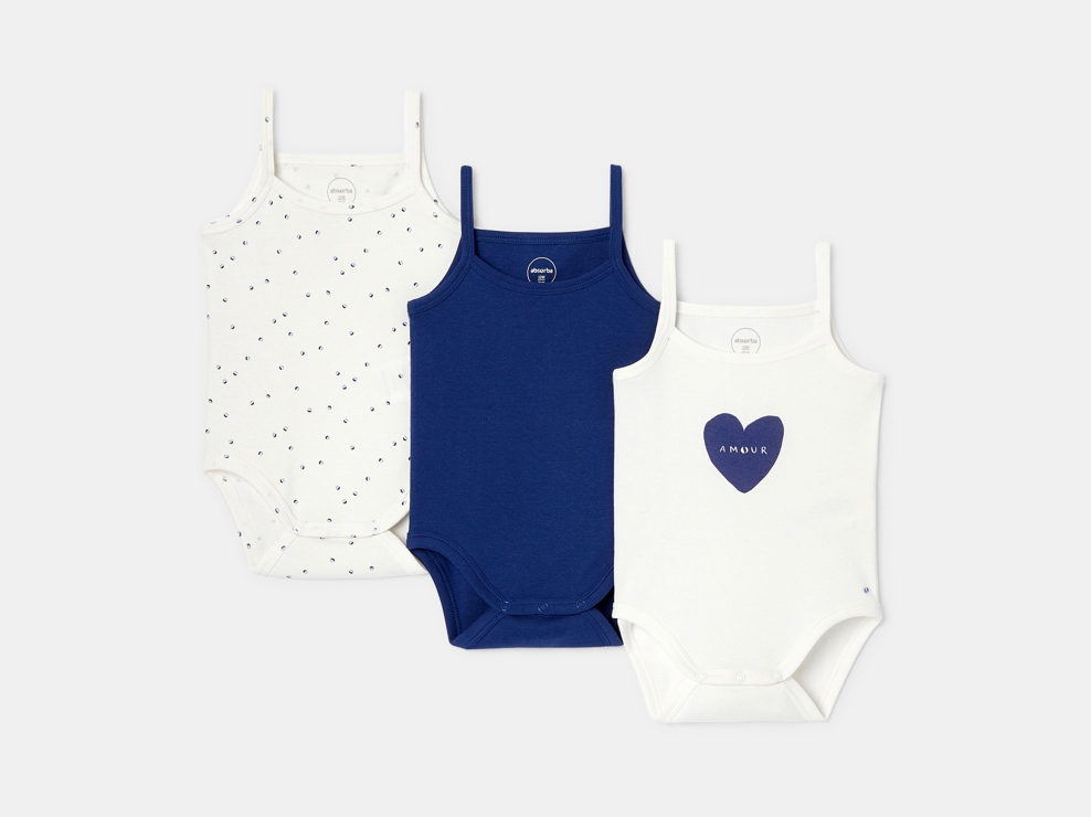 Lot de 3 bodies à bretelles en coton bio bleu bébé fille Absorba 1
