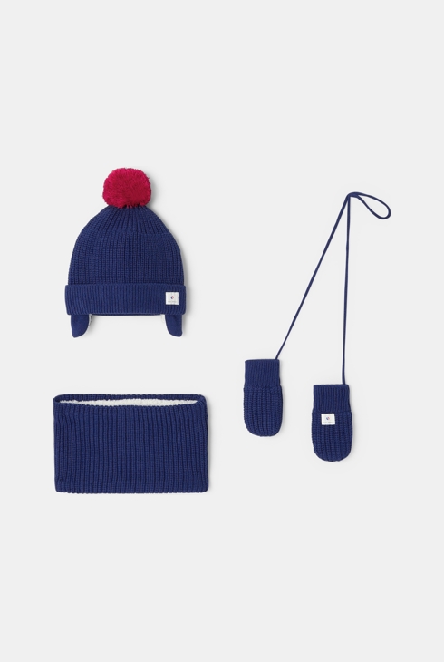 Ensemble bonnet, tour de cou et moufles en tricot fourré bleues mixte Absorba 1