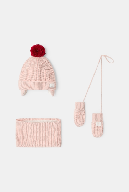 Ensemble bonnet, tour de cou et moufles en tricot fourré roses mixte Absorba 1