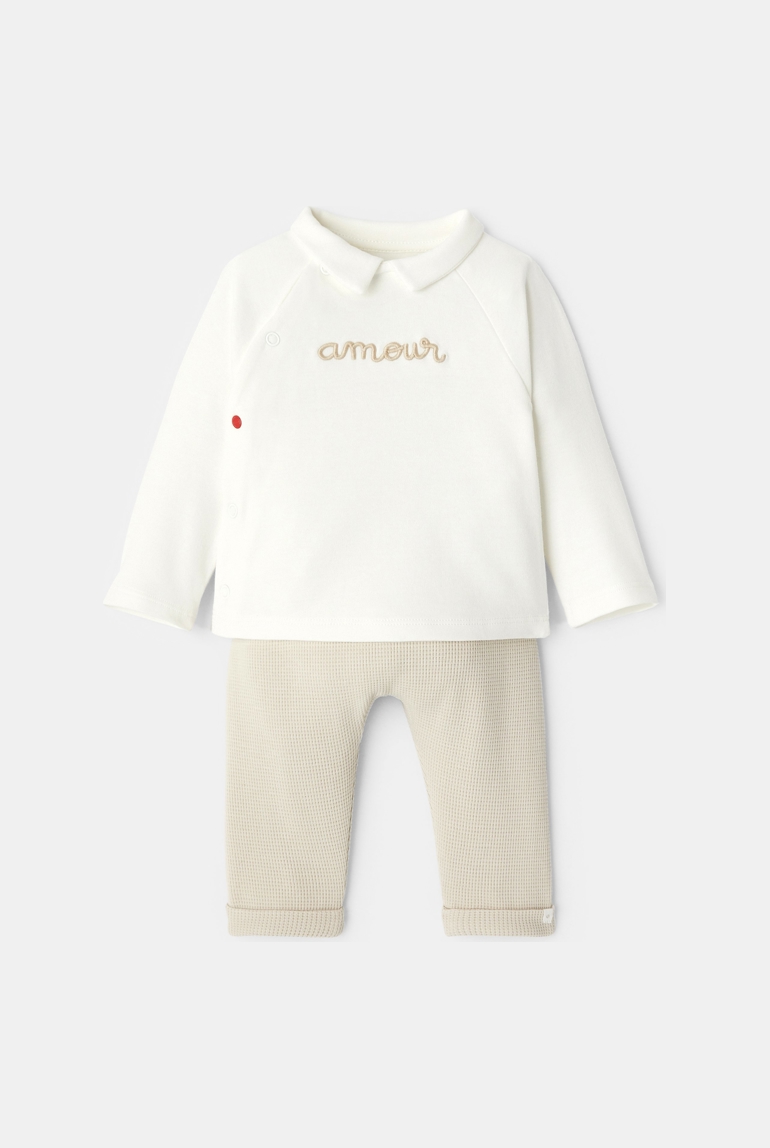 Ensemble 2 pièces en interlock et nid d'abeille beige bébé mixte 1