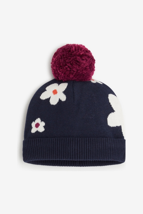 Bonnet fleuri bébé fille bleu marine en tricot Catimini