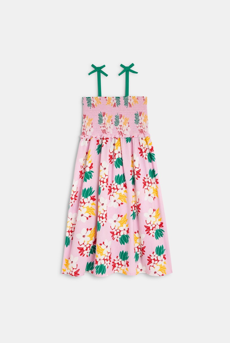 Vestido de tirantes de niña con motivos de flores exóticas en rosa Catimini 1