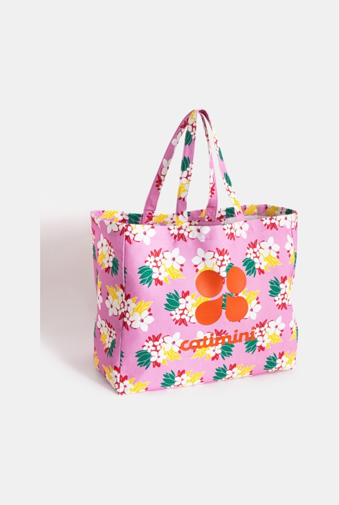 Rosa Strandtasche Catimini mit exotischen Blumenmotiven für Mädchen 1