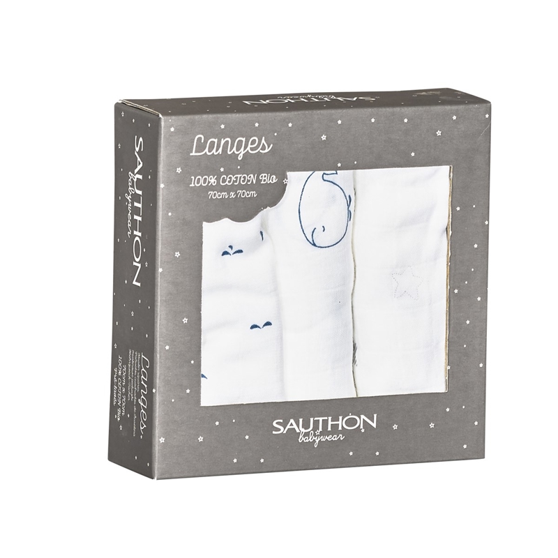 Lot de 3 langes coton bio Blue baleine -