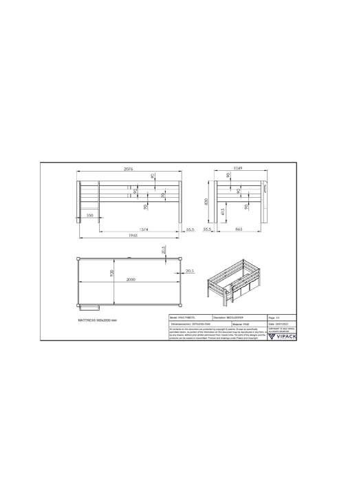 Lit mi-hauteur 90x200cm Pino gris
