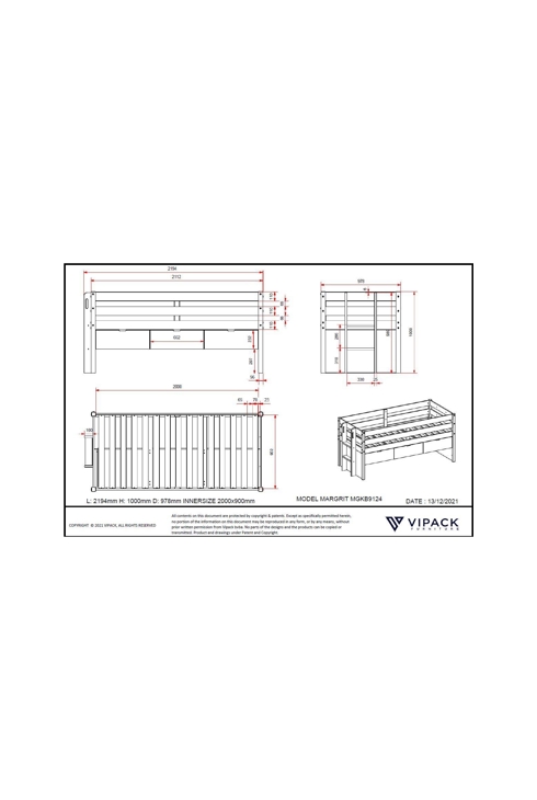 Lit mi-hauteur 90x200cm Margrit