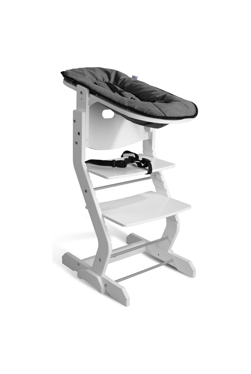 Chaise haute avec attache bébé et plateau blanc