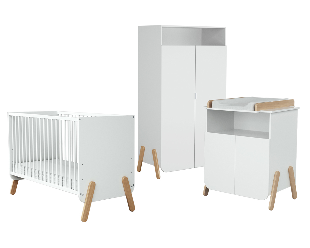Chambre bébé lit, meuble à langer et armoire en bois PIRATE Blanc et Hêtre Verni -