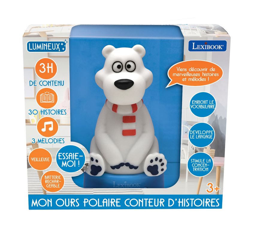 Lexibook - Compteur d’histoires Ourson polaire en 3D avec veilleuse, musiques et variation de couleurs - Mixte - Dès 3 ans