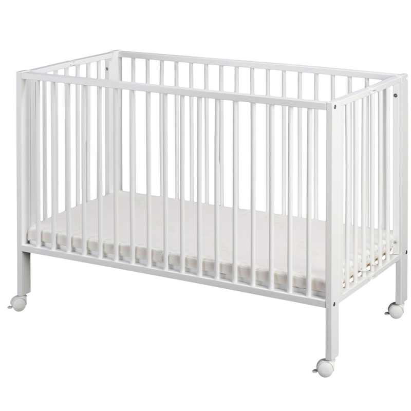 Lit bébé à barreaux pliable 60x120 cm avec matelas blanc, Tissi -