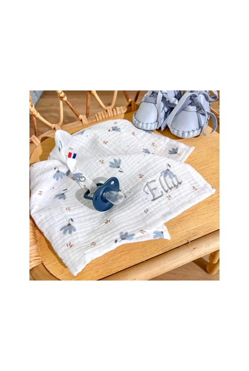 Doudou lange attache tétine en gaze de coton Bleuet, Sevira Kids