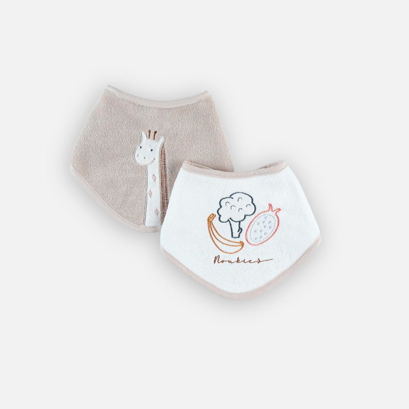 Ensemble de 2 bavoirs bandana en éponge beige blanc, Noukie's -