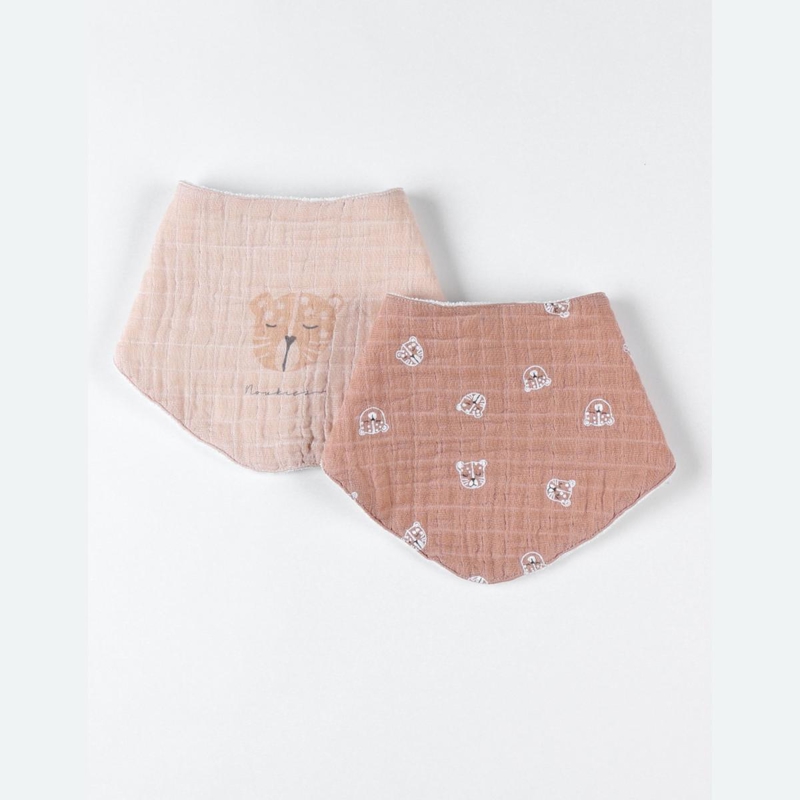 Ensemble de 2 bavoirs bandana léopard en mousseline et éponge cappuccino beige, Noukie's -