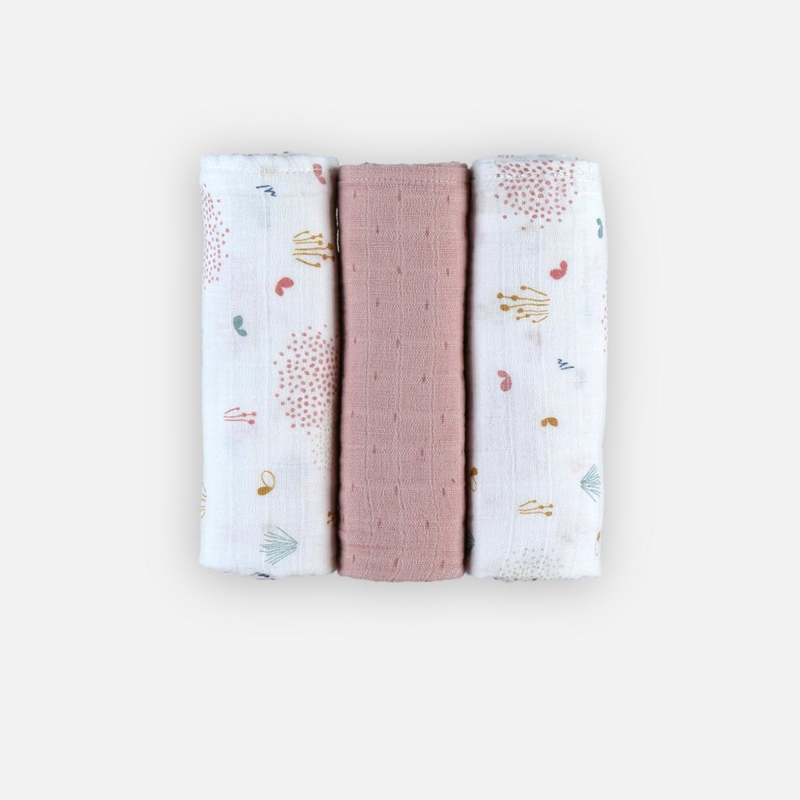 Noukies - Set de 3 langes 70x70 cm mousseline de coton bio écru rose clair, Noukie's - Fille - Dès la naissance