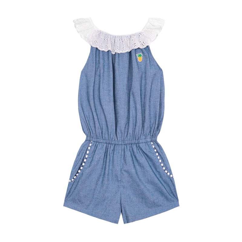 Combi-Short été bleu fille col élastique dentelle blanche Lolita, La Faute à Voltaire - 3/4 ans