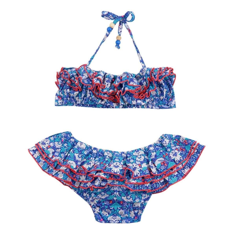 Maillot de bain 2 pièces fille fleuri liberty bleu/rouge Swan, La Faute à Voltaire - 2/3 ans