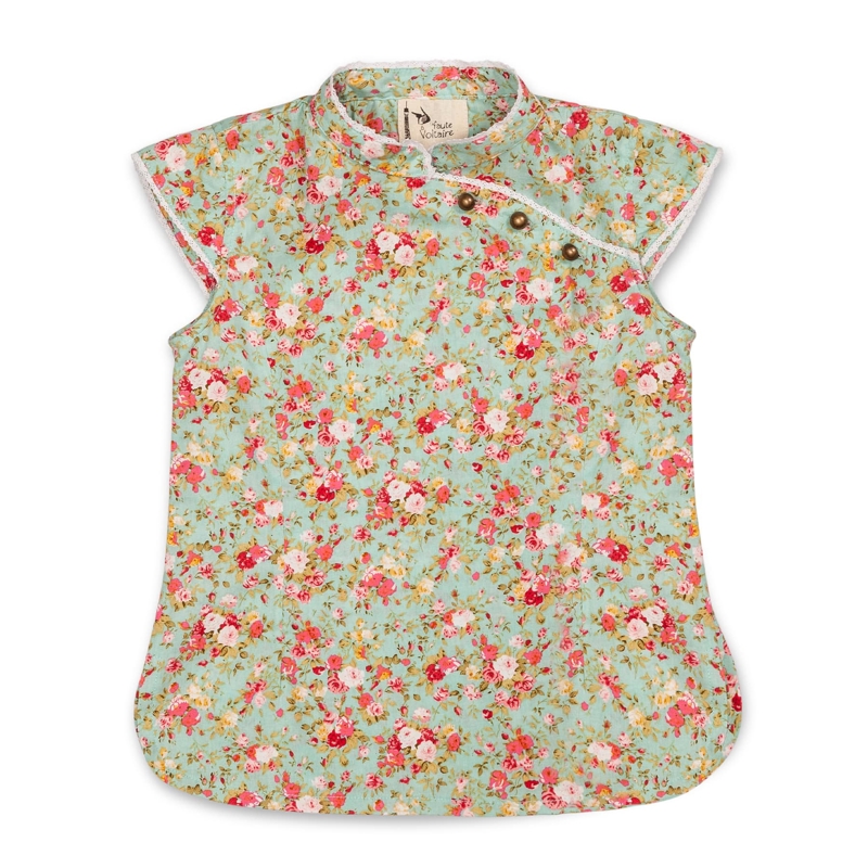 La Faute à Voltaire - Blouse chinoise à col mao fille fleurie liberty vert Annam, La Faute à Voltaire - Fille