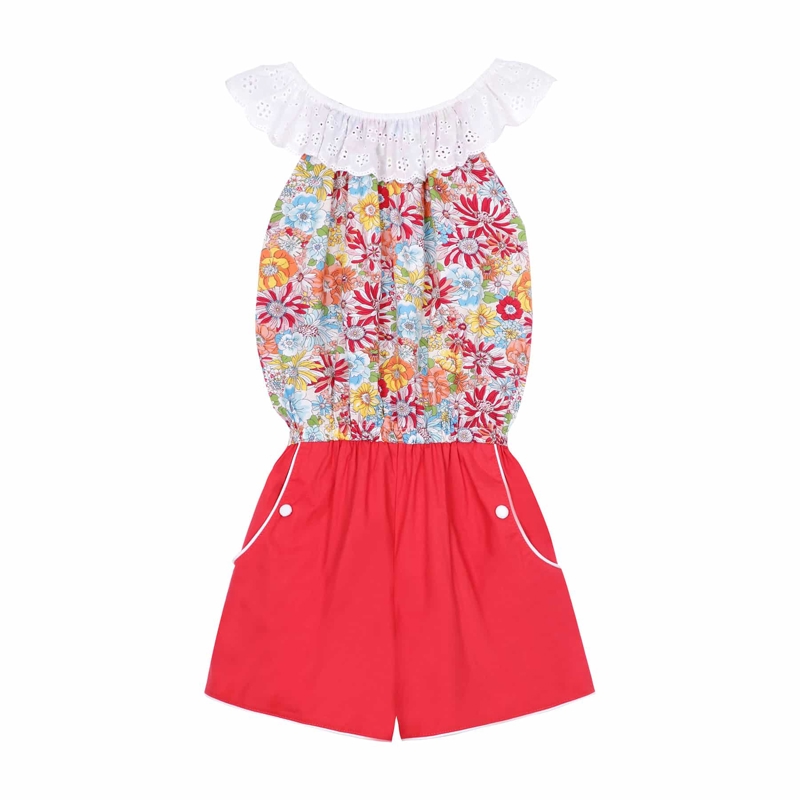 Combi-Short été fille col élastique dentelle fleuri rouge Lolita, La Faute à Voltaire - 3/4 ans