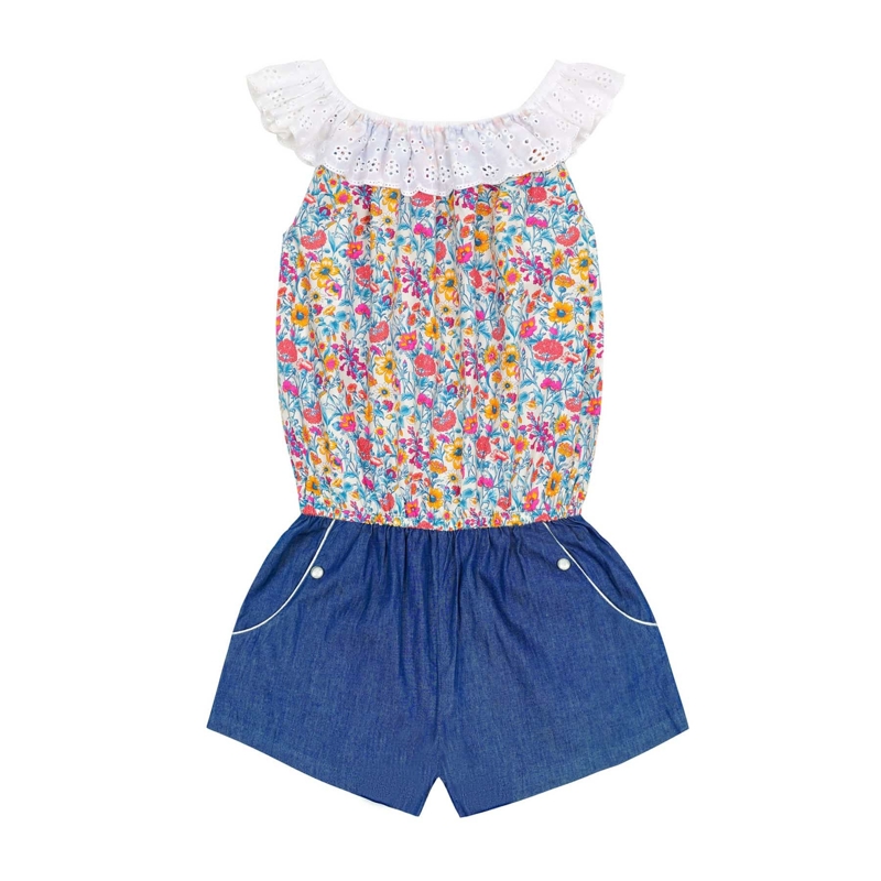 La Faute à Voltaire - Combi-Short été fille col élastique liberty fleuri bleu Lolita, La Faute à Voltaire - Fille