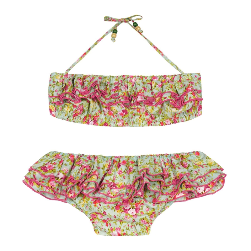 Maillot de bain 2 pièces fille volants fleuri liberty vert Swan, La Faute à Voltaire - 5/6 ans