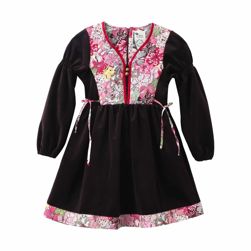 Robe hiver fille velours marron fleuri liberty rouge Margot, La Faute à Voltaire - 2/3 ans