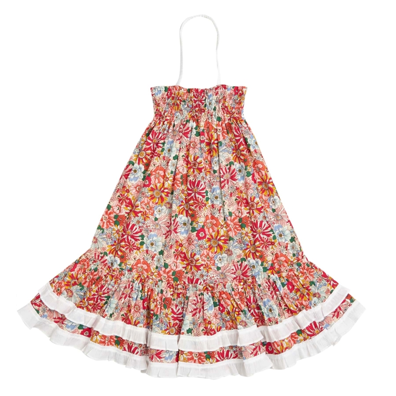 Robe bohème longue 3-en-1 fille liberty fleuri rouge Esmeralda, La Faute à Voltaire -