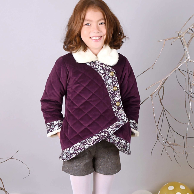 Manteau kimono court fille velours prune Capucine, La Faute à Voltaire -
