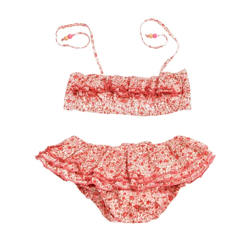 Maillot de bain 2 pièces fille fleuri liberty rose rouge Swan, La Faute à Voltaire - 2/3 ans