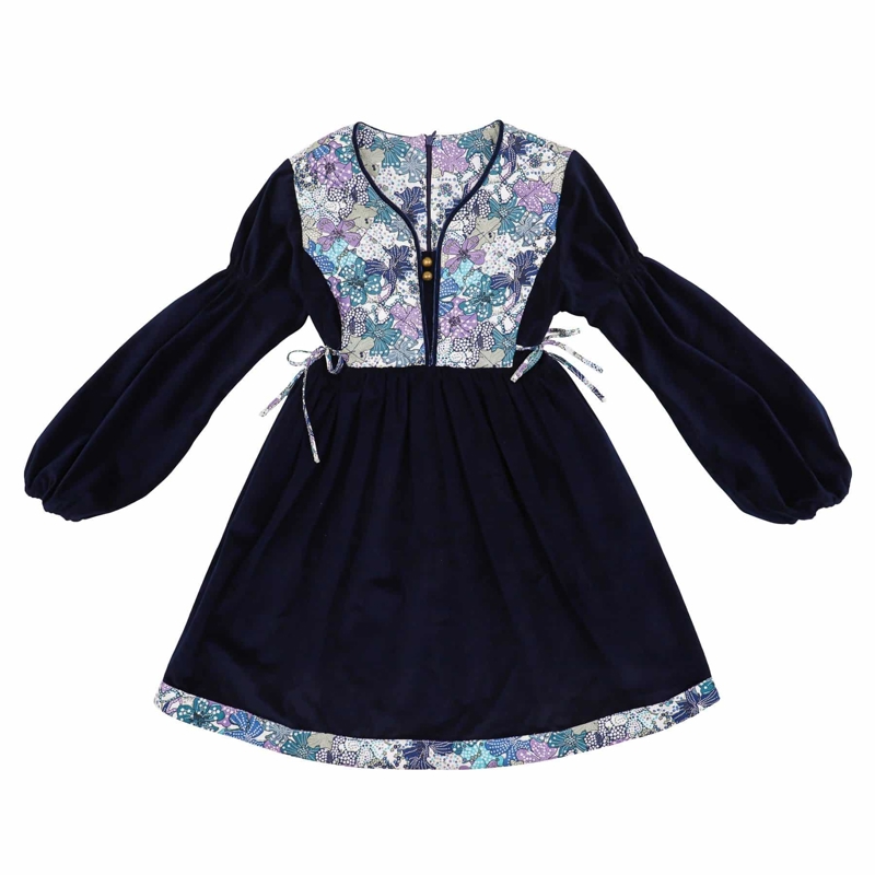 La Faute à Voltaire - Robe hiver fille velours bleu marine liberty fleuri lilas Margot, La Faute à Voltaire - Fille