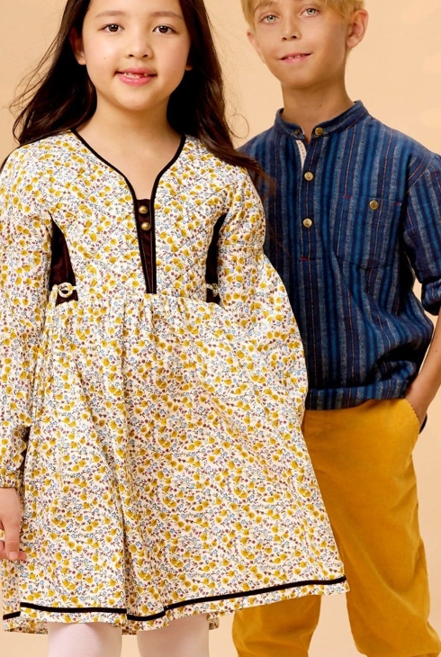 Robe fleurie liberty jaune marron fille Margot, La Faute à Voltaire