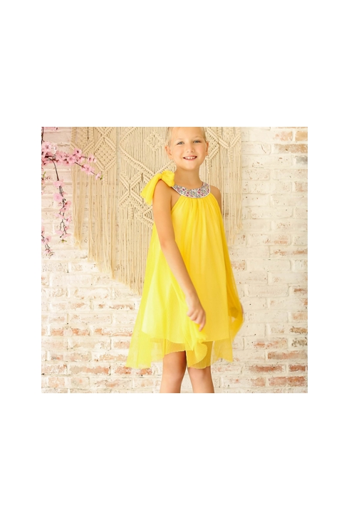 Robe cérémonie fille voile jaune col fleuri liberty lilas Alizee, La Faute à Voltaire