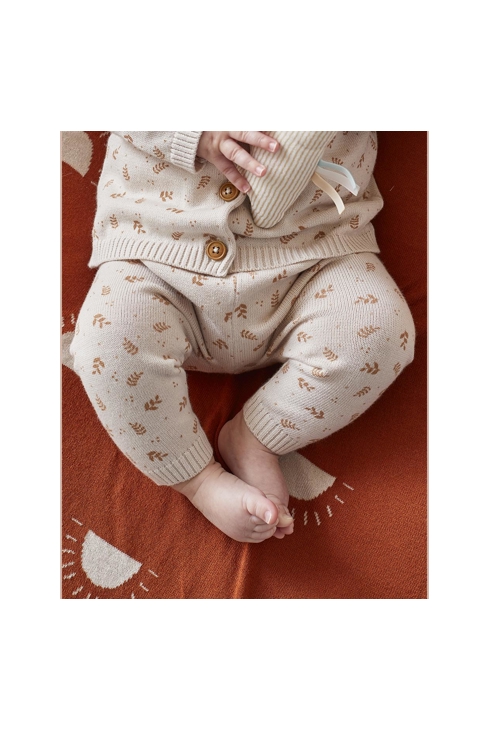 Legging imprimé végétal en tricot bio fin beige caramel, Noukie's
