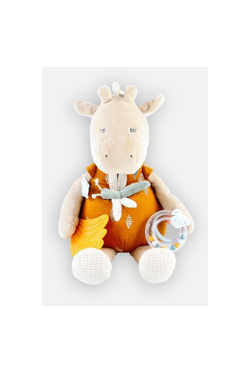Peluche d'activités Tiga en veloudoux et mousseline de coton bio beige ocre, Noukie's