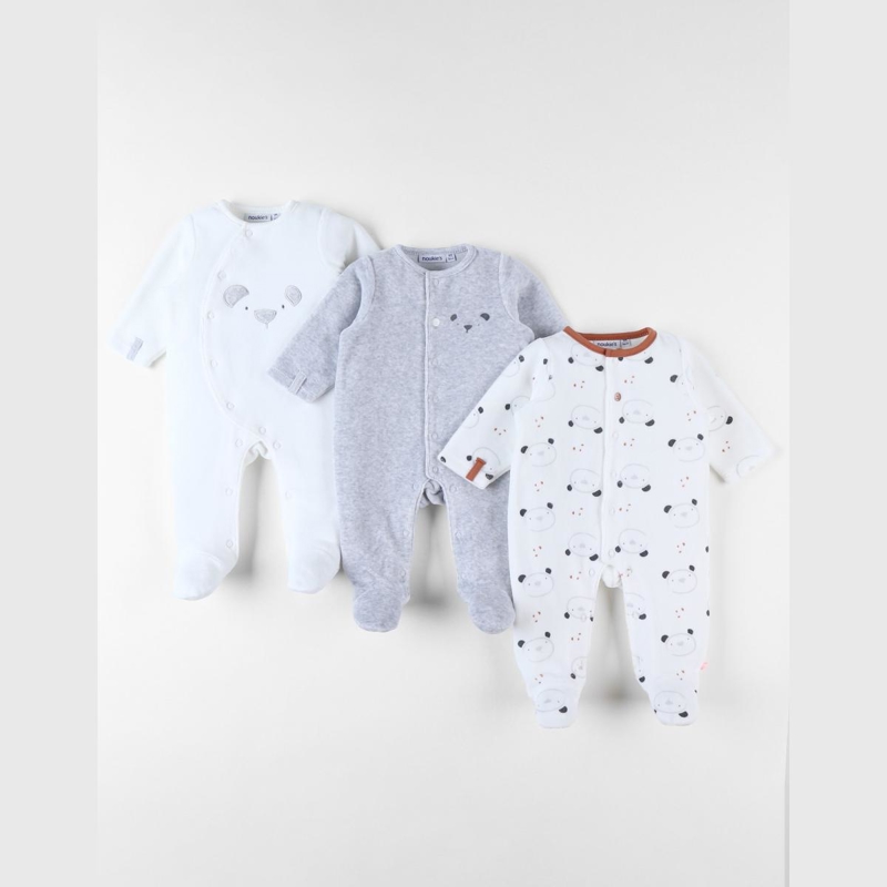 Ensemble de 3 pyjamas ours 1 pièce écru gris chiné, Noukie's - NAISSANCE