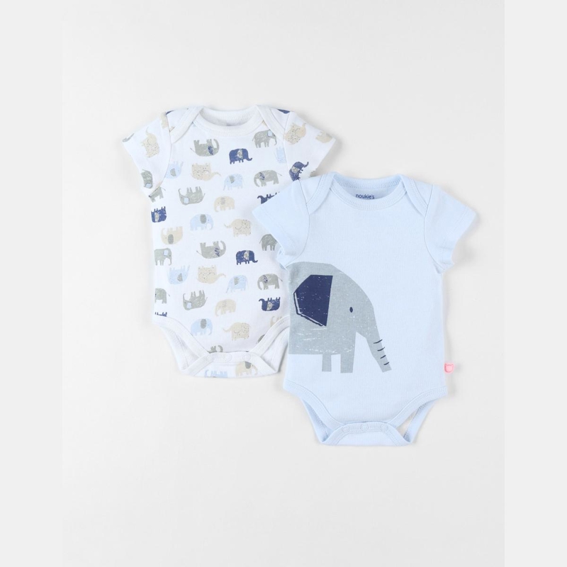 Ensemble de 2 bodies éléphants en coton écru bleu ciel, Noukie's - 2A
