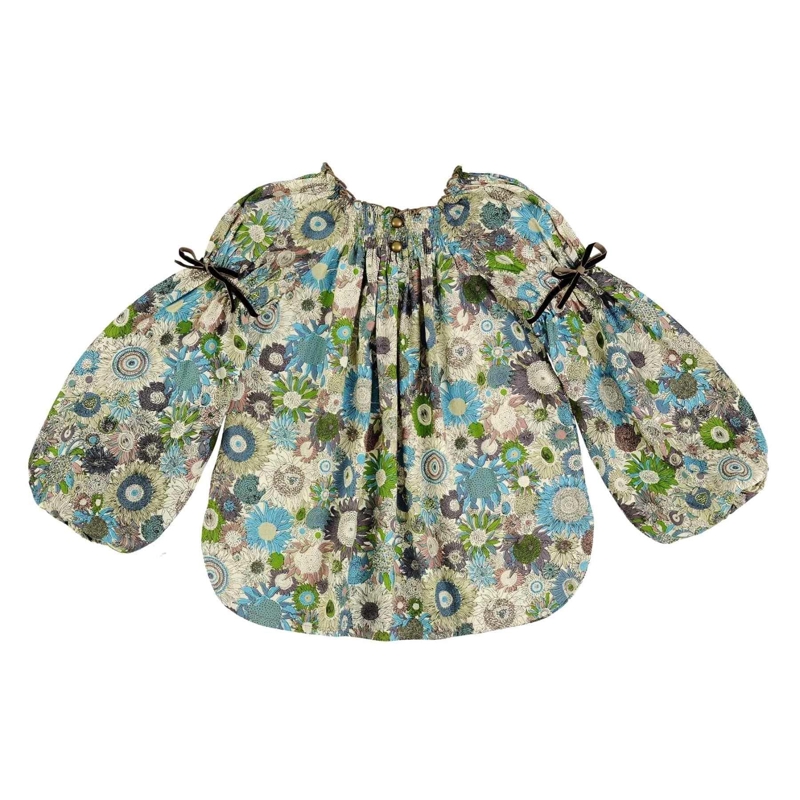 Blouse fleurie marron beige bleu fille col smocks Chimene, La Faute à Voltaire - 3/4 ans