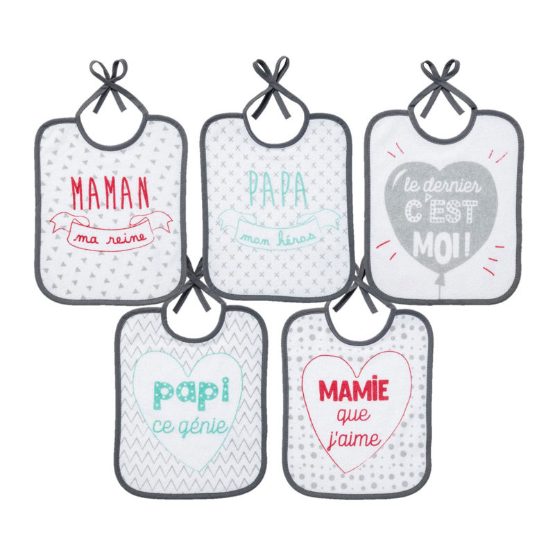 Lot de 5 bavoirs naissance Famille, Babycalin -