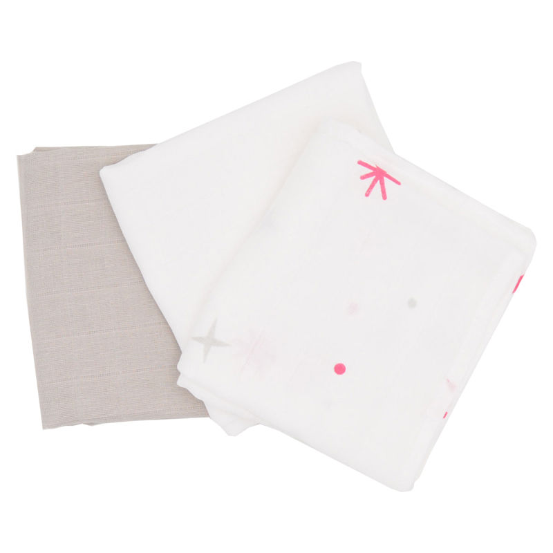 Lot de 3 langes en coton 70x70 cm Etoiles, gris, blanc, Babycalin -