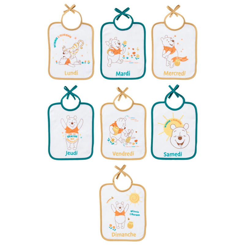Baby Calin - Lot de 7 bavoirs naissance journaliers 20x25 cm Winnie Retro, Disney Baby - - Dès la naissance