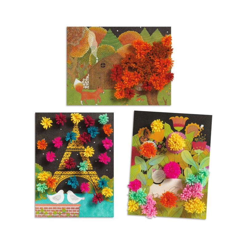 Collages 4 illustrations explosion de pompons, Djeco -