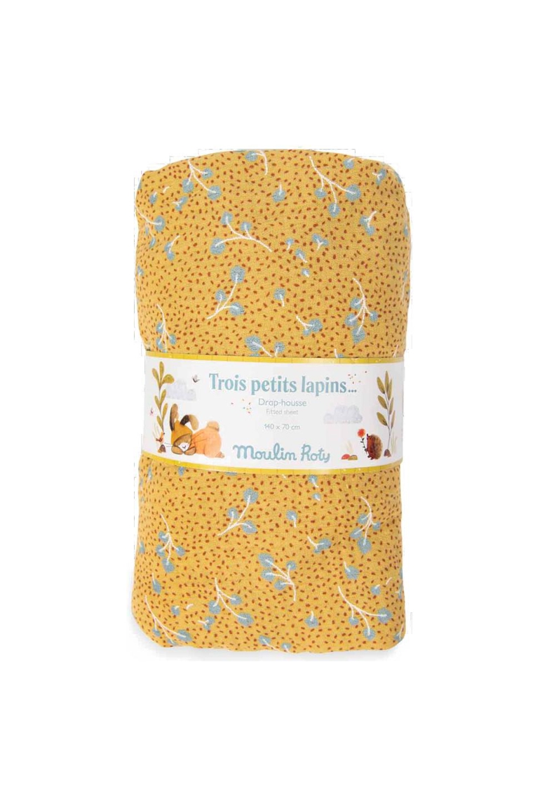 Drap housse ocre lit bébé 70 x 140 cm trois petits lapins, Moulin roty 1