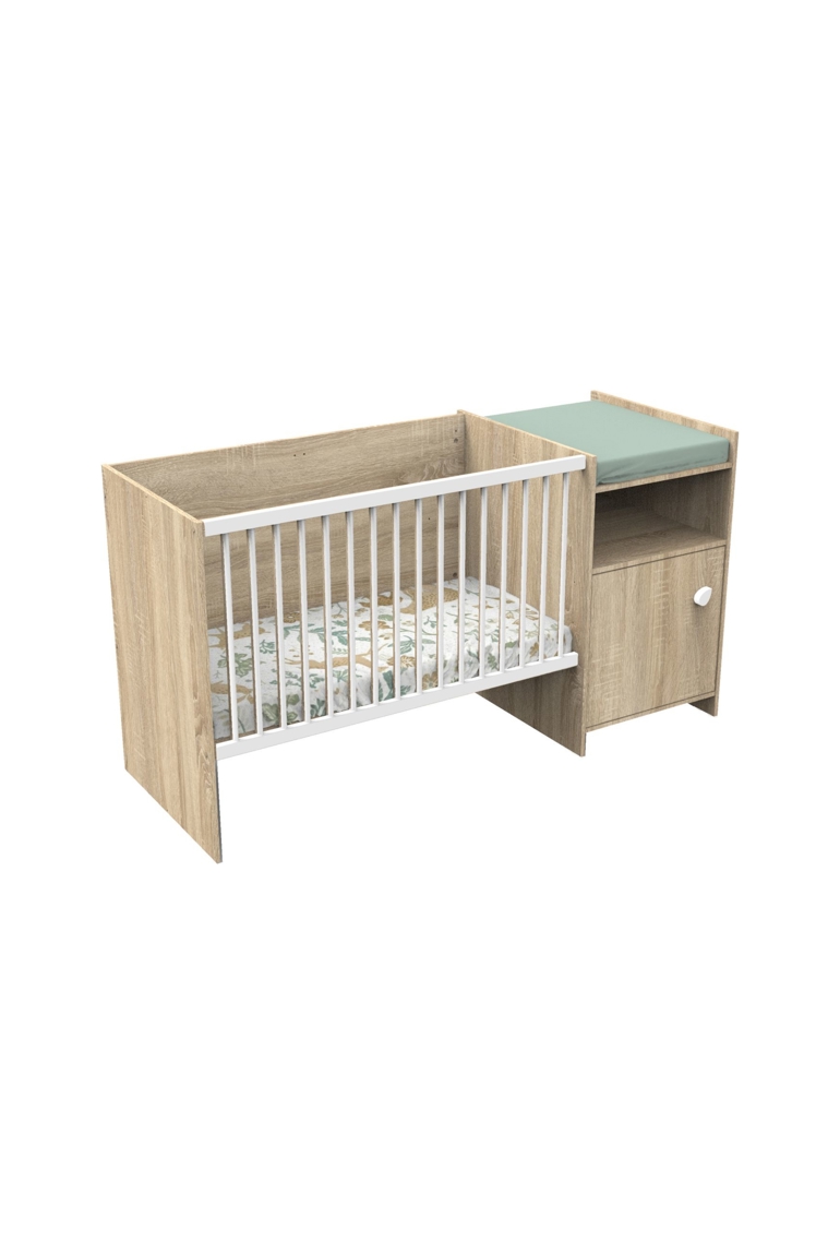 Lit bébé combiné 120x60 évolutif en 90x190 en décor bois avec commode à langer 1 porte 1