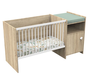 Lit bébé combiné 120x60 évolutif en 90x190 en décor bois avec commode à langer 1 porte 1