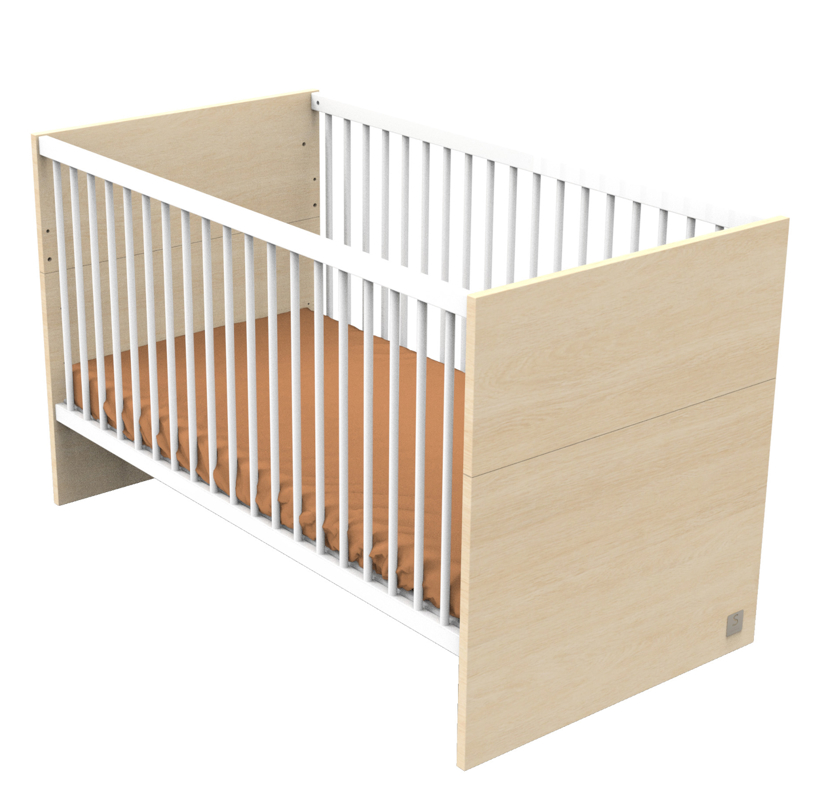Lit évolutif 140x70 - Little Big Bed en bois décor chêne velours et balustres blancs -