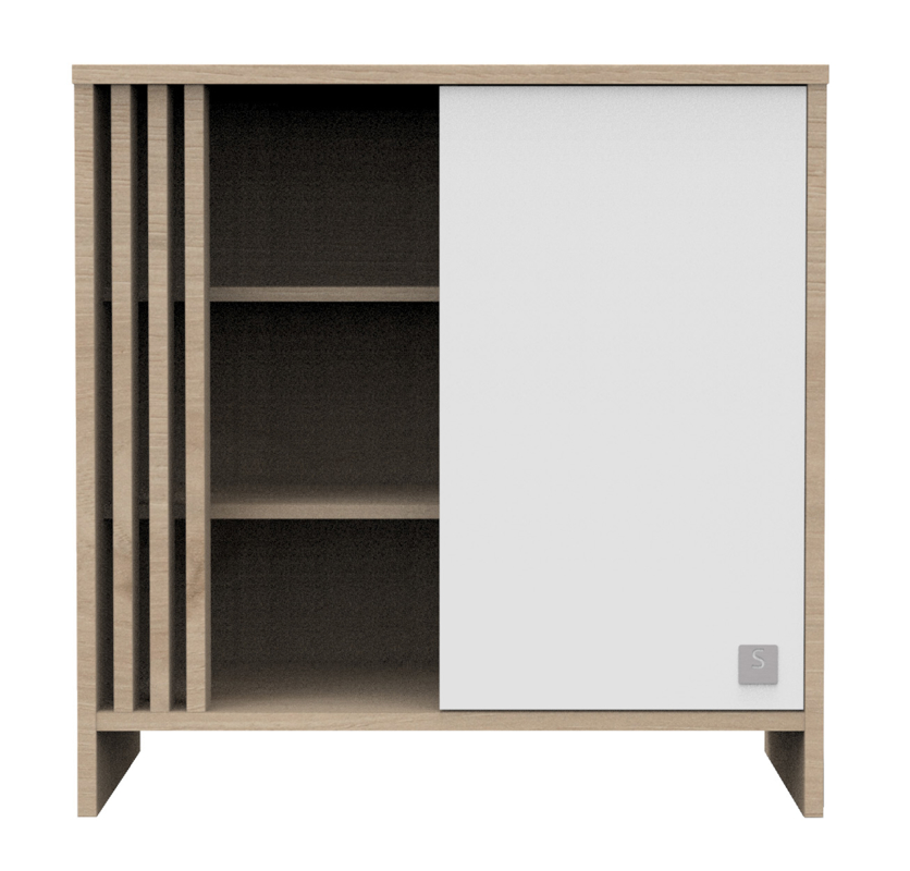 Sauthon - Commode 1 porte colorée et 3 niches avec claustra en bois décor chêne Suave -