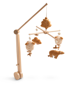 Mobile musical en bois avec jouets ours en gaze de coton 1