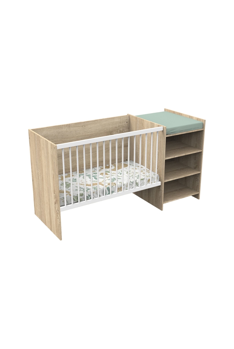 Lit bébé combiné 120x60 évolutif en 90x190 en décor bois avec commode à langer étagère 1