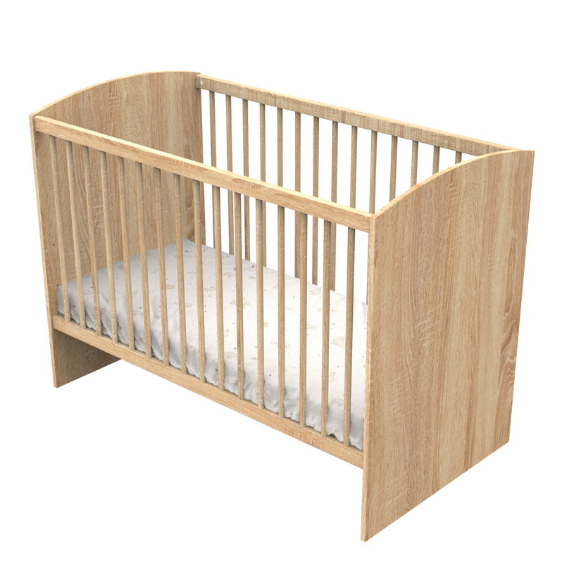 Lit bébé 120 x 60 avec têtes de lit arrondies en bois décor chêne doré, Sauthon -